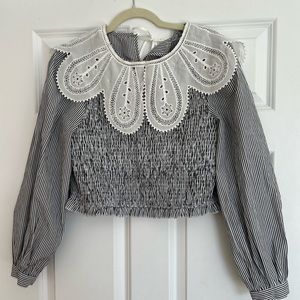 MANGO Striped Blouse with Lace Collar